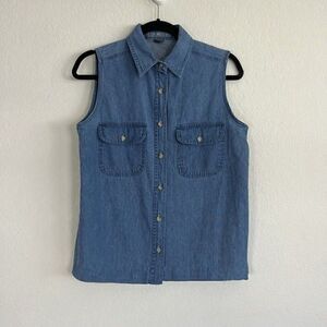 Upper West Side Womens Western Grunge Denim Button Up Sleeveless Blouse Small